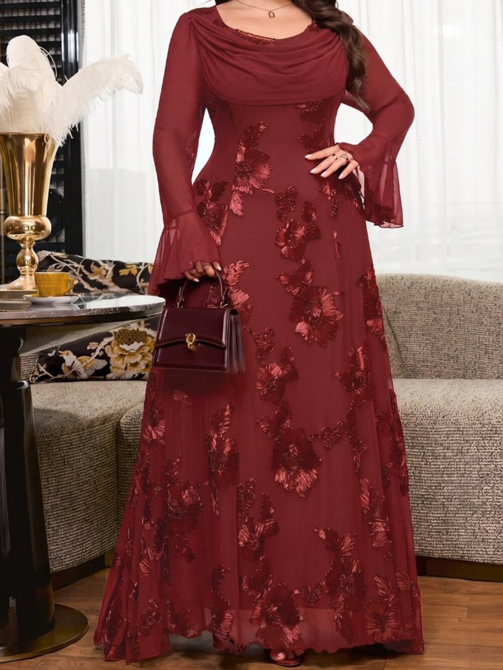 Burgundy Elegant Women's Plus Size Jacquard Casual Party Dress - Picture 7 of 10